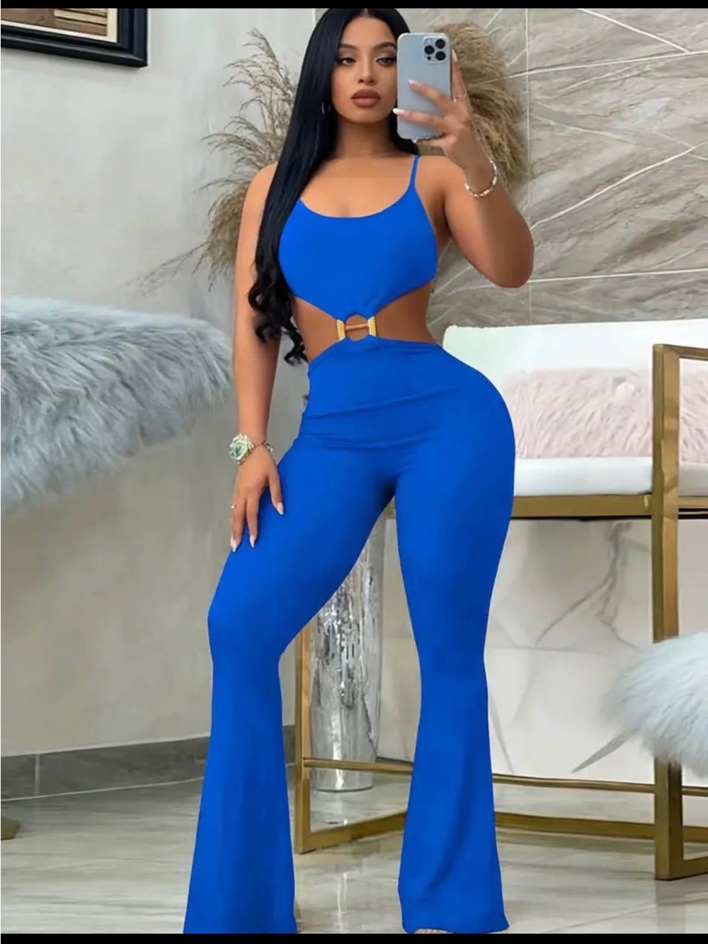 Brand New Royal Blue Sleeveless Jumpsuit with cutouts & Buckle Detail. Size Larg